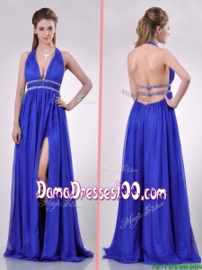 New Halter Top Blue Backless Dama Dress with Beading and High Slit