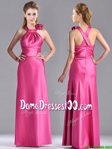 New Style Hand Crafted Flowers Hot Pink Dama Dress with Criss Cross