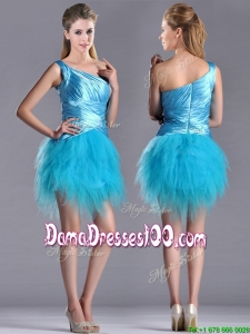 Wonderful One Shoulder Ruched and Ruffled Aqua Blue Dama Dress in Tulle