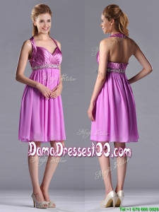 Empire Halter Knee-length Beaded Short Dama Dress in Lilac