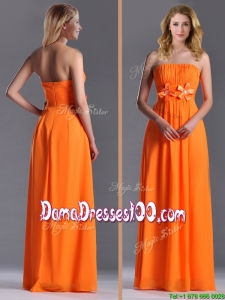 Empire Strapless Ruching Chiffon Long Dama Dress in Orange
