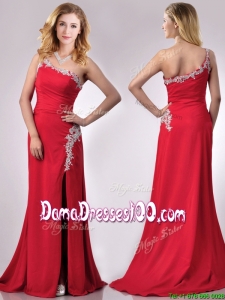 Luxurious Beaded Decorated One Shoulder and High Slit Dama Dress with Brush