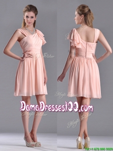 Simple Empire Ruched Peach Dama Dress with Asymmetrical Neckline