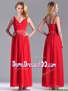 The Super Hot Empire V Neck Red Dama Dress in Ankle Length