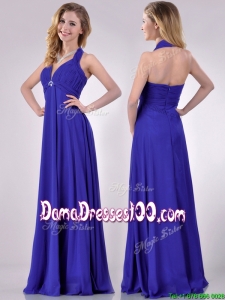 New Style Halter Top Zipper Up Long Dama Dress in Blue