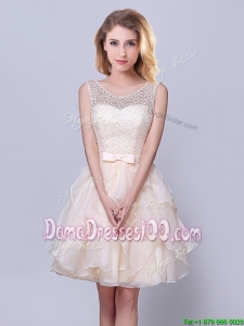 Beautiful Scoop Ruffled and Belted Champagne Short Dama Dress in Organza