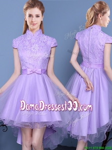 Classical High Neck Zipper Up Laced Bodice Dama Dress with Short Sleeves