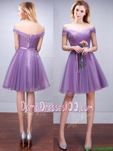 Modest Off the Shoulder Belted and Ruched Short Dama Dress in Lavender