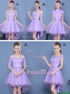 Cheap Laced and Bowknot High Low Lavender Dama Dress in Tulle and Taffeta