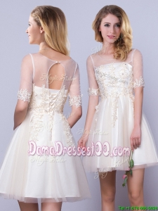 Cheap See Through Applique Half Sleeves Tulle Short Dama Dress in Champagne