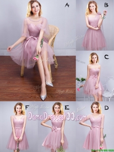 Latest Tulle Pink Short Dama Dress with Ruching and Bowknot