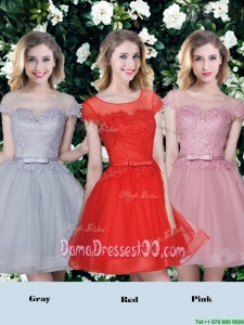 Perfect See Through Scoop Applique and Belted Dama Dress with Short Sleeves
