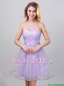 Pretty Laced Bodice Lavender Dama Dress with Applique Decorated Halter Top