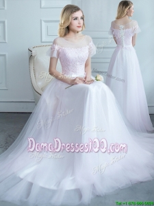 See Through Scoop Laced Bodice and Belted Light Pink Dama Dress with Short Sleeves