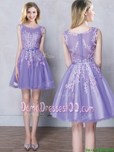 See Through Scoop Zipper Up Lavender Dama Dress with Appliques and Belt
