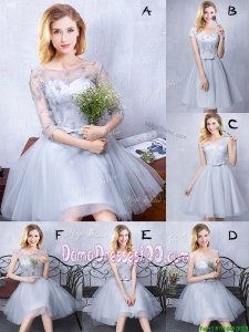 Unique A Line Belted Tulle Grey Dama Dress in Knee Length