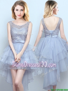 Discount High Low Belted Grey Dama Dress with Laced Bodice and Ruffles