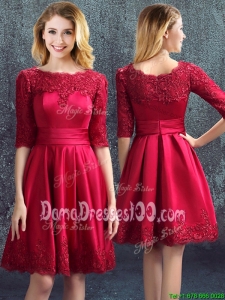 Gorgeous Half Sleeves Bateau Zipper Up Wine Red Dama Dress with Lace
