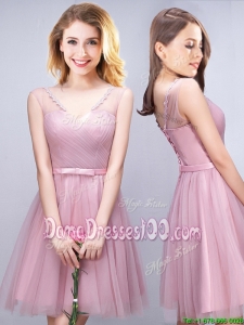 New Style V Neck Ruched and Bowknot Short Dama Dress in Pink