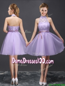 New See Through Halter Top Belted and Laced Lavender Dama Dress