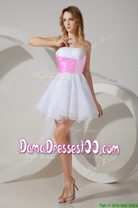 Popular Beaded White Short Dama Dress with Rose Pink Belt