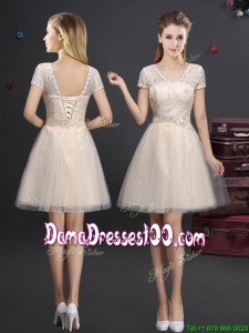 2017 Popular Laced Short Sleeves Champagne Dama Dress in Tulle
