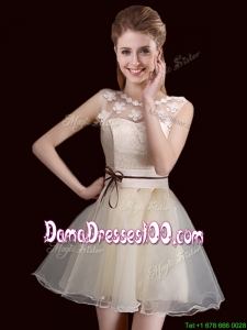 Classical See Through Laced and Belted Organza Champagne Dama Dress