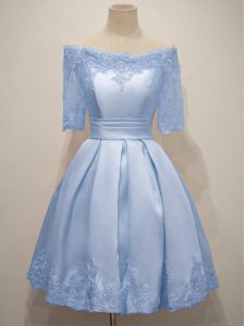 Half Sleeves Taffeta Knee Length Lace Up Court Dresses for Sweet 16 in Light Blue with Lace