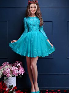 Aqua Blue 3 4 Length Sleeve Beading and Lace and Appliques Mini Length Dama Dress