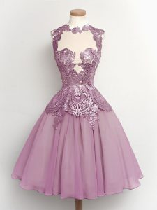 Knee Length Lilac Quinceanera Court Dresses High-neck Sleeveless Lace Up