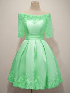 Extravagant Half Sleeves Knee Length Lace Lace Up Dama Dress with Apple Green