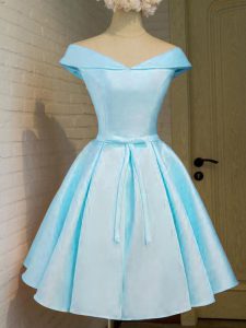 Free and Easy Aqua Blue Off The Shoulder Neckline Belt Dama Dress for Quinceanera Cap Sleeves Lace Up