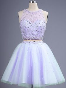 Edgy Lavender Sleeveless Tulle Lace Up Dama Dress for Prom and Party and Wedding Party