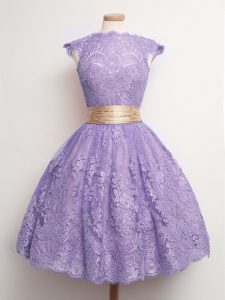 Amazing Lavender High-neck Lace Up Belt Quinceanera Court Dresses Cap Sleeves