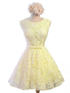 Exquisite Yellow Lace Up Damas Dress Belt Sleeveless Knee Length