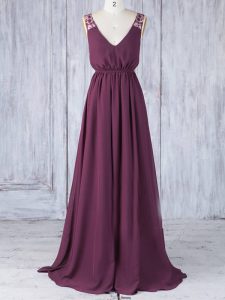 New Style Burgundy Empire Chiffon V-neck Sleeveless Appliques Floor Length Backless Quinceanera Court of Honor Dress
