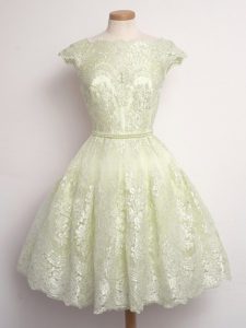 Scalloped Cap Sleeves Lace Up Quinceanera Court Dresses Light Yellow Lace