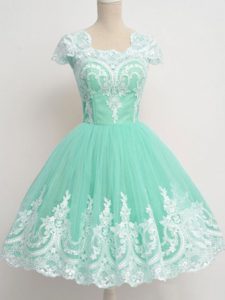 Sumptuous Apple Green Square Neckline Lace Dama Dress for Quinceanera Cap Sleeves Zipper