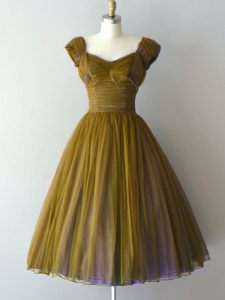 A-line Quinceanera Court of Honor Dress Olive Green V-neck Chiffon Cap Sleeves Knee Length Lace Up