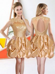 Most Popular Sleeveless Knee Length Beading and Lace and Ruffles Backless Dama Dress for Quinceanera with Champagne
