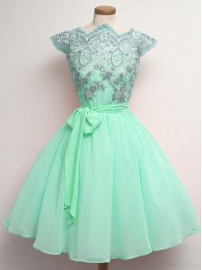 Spectacular Apple Green Lace Up Scalloped Lace and Belt Dama Dress for Quinceanera Chiffon Cap Sleeves