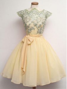 Lovely Cap Sleeves Knee Length Lace and Belt Lace Up Court Dresses for Sweet 16 with Champagne