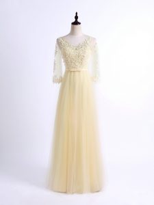 Fashionable Light Yellow Half Sleeves Tulle Lace Up Court Dresses for Sweet 16 for Prom and Party and Wedding Party