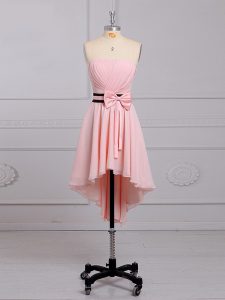 Simple Baby Pink Sleeveless Ruching and Bowknot High Low Vestidos de Damas