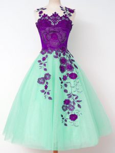 Stunning Apple Green A-line Tulle Straps Sleeveless Appliques Knee Length Lace Up Quinceanera Dama Dress