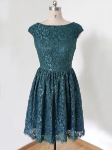 Traditional Knee Length Teal Court Dresses for Sweet 16 Lace Cap Sleeves Lace