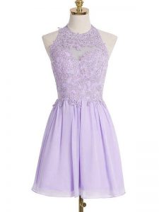 Empire Court Dresses for Sweet 16 Lavender Halter Top Chiffon Sleeveless Knee Length Lace Up