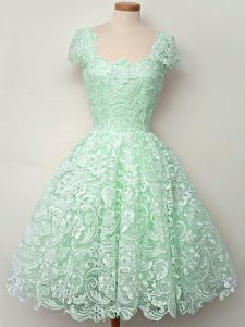 Pretty Apple Green A-line Lace Straps Cap Sleeves Lace Knee Length Lace Up Damas Dress
