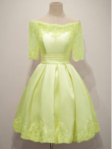 Traditional Yellow Taffeta Lace Up Off The Shoulder Half Sleeves Knee Length Damas Dress Lace