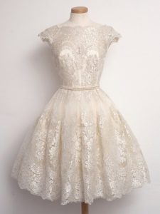 Adorable Knee Length A-line Cap Sleeves Champagne Quinceanera Dama Dress Lace Up
